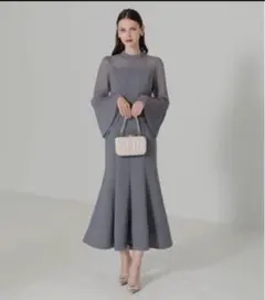 LEJA パールビジュー付き透け感プリーツフレアスリーブマーメイドワンピース　S