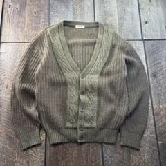 古着　3Dニットカーディガン　カーキ　オリーブグリーン　ブラウン　L