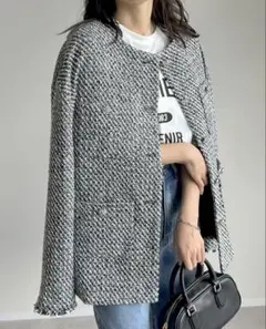 【Re:EDIT】ツイードフリンジノーカラージャケット／Mサイズ