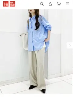 【UNIQLO】コットンオーバーサイズシャツ ストライプ ブルー S