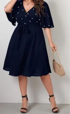 ネイビー パール装飾 フレアスリーブ ワンピース3XL
