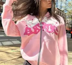 即購入ok 短丈 グラフィックデザイン y2k ジップアップフーディー ピンク