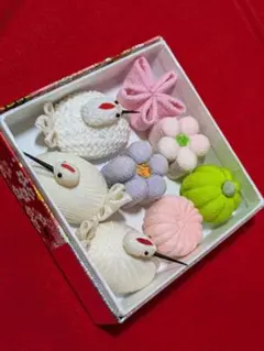 ちりめん細工　和菓子　つまみ　鶴　古布　ハンドメイド