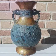 鳳凰文様 金属製 花瓶 双耳 花器