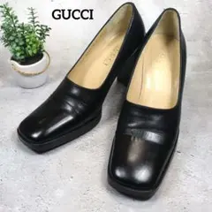 美品 GUCCI グッチ スクエアトゥ ヒールパンプス 黒 22.5cm