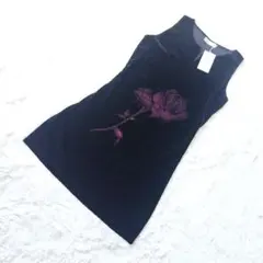 新品タグ付 ベロア調 薔薇刺繍 膝丈ワンピース 黒ゆったり昭和レトロ