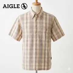 AIGLE エーグル 半袖シャツ チェック 綿麻 プルオーバー ベージュ Lのサムネイル