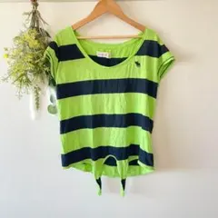 T0213 アバクロンビーフィッチ　ポロTシャツ　ボーダー　S バイカラー　緑