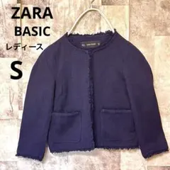 ZARA BASIC ノーカラージャケット　リンクスニット　レディースSネイビー