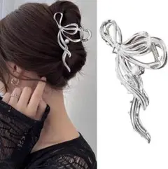 ヘアクリップ ヘアアクセサリー 髪留め 韓国風 シルバーリボン 高級感