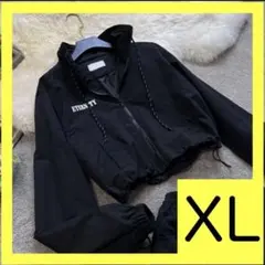 韓国風 XL ショート丈ブルゾン バックロゴ ナイロンジャケット 黒 ブラック