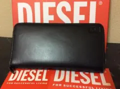 62-1.美品DIESEL 長財布ロゴ　ラウンドファスナー　ブラック　箱袋付