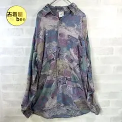 総柄シャツ ユーロ製 レーヨン アート柄 ヴィンテージ パープル グリーン