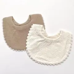 ベビー お花刺繍スタイ 2枚セット ベージュ ホワイト 女の子