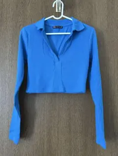 ZARA クロップド丈 リブトップス ブルー 長袖 襟付き 美シルエット M