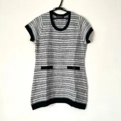 【カラバサ】半袖 ニット チュニック 白黒ボーダー シルバースリット糸入　MーL