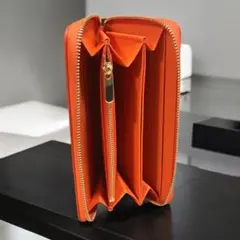 ＜高級感溢れる波紋型押し＞オレンジ長財布 滑らかファスナー メンズ レディース