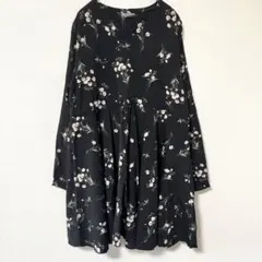 ゴゴシング 花柄 ワンピース キーネック 長袖 M 黒 ポリエステル デートのサムネイル