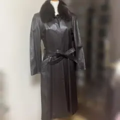【美品】バルマンレザー ロングコート ファー襟（取り外し可能）付き