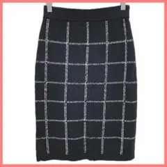 H&M チェック柄 タイトニットスカート ウエストゴム バックスリット 黒白 S