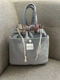 値下げしました　2ウェイ前ポケット巾着バッグ③ ブルーグレーコールテン