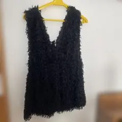 フリンジ Vネック ベスト 黒LL