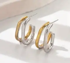 金アレ対応 ラスト1 サージカルステンレス 大きめゴールドシルバーCラインピアス