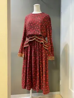 ビンテージ アンティーク 80s 花柄 長袖 ワンピース ドレス ゴールド 希少