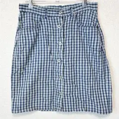 チェック柄 フロントボタン ミニスカート ブルー 膝丈 台形スカート