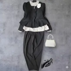 新品 卒入学式 セレモニーママスーツ ペプラムツイード セットアップ 黒M