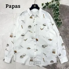 美品【Papas】パパスアイランド リネン シャツ 総柄 ロゴボタン L 日本製