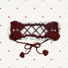 ヘッドドレス リボン 赤×白 いちご 編み物