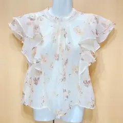 フリル ブラウス 花柄 シフォン アイボリー フリルスリーブ