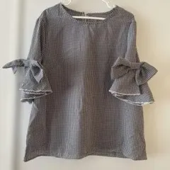 新品 レディース 半袖 ブラウス XL シャツ チェック 袖 フリル リボン付