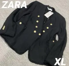 ☆ZARAノーカラー ブラックジャケット ツイード 金ボタン ダブル☆XL