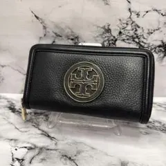 (美品)大人気、トリーバーチ、長財布、ラウンドジップ、オールレザー、シボ革、金