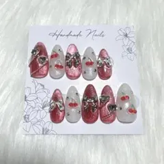 ネイルチップ さくらんぼネイル リボン フレンチガーリー ワンホン 韓国 量産型