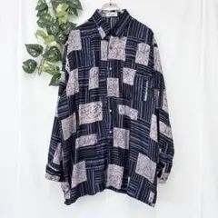 美品✨ 総柄 シャツ 長袖 柄シャツ ブラック 派手柄 幾何学模様 古着 大きめ