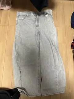 グレー デニム ワイドパンツGU