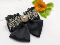 ♥リボン♥　バレッタ　ツイード　パール調　カジュアル　フォーマル　発表会　黒