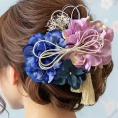 ブルー青＆パープル紫〜和装花髪飾り〜結婚式　成人式　卒業式　振袖　袴　ヘアアクセ