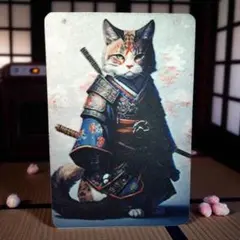 猫 侍 武士 アート 壁掛け インテリア 雑貨 木製プレート 22.5×15cm