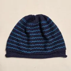 ニット帽 ネイビー×ブルー フリーサイズ