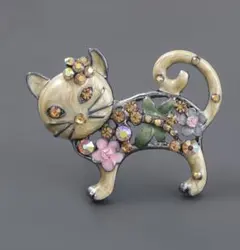 猫とお花のブローチ エナメル カラフル ラインストーン ヴィンテージ調 海外製