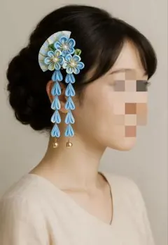 和風かんざし風リボンバレッタ 青系 花飾りクリップ式 髪飾り七五三 女の子