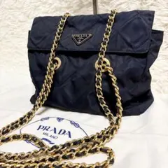 【美品✨希少】プラダ キルティング チェーンショルダーバッグ ネイビー　白タグ