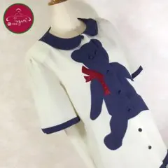 レトロ ブラウス 刺繍 くまさん リボン バイカラー 包ボタン 古着 白 紫