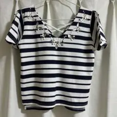 CECIL Mc BEE ボーダー柄半袖Tシャツ ビジューバッククロス