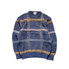 7AS3【年代物】チェック柄　デザインニット　M 青系　総柄　レトロ古着used