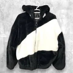 ボアジャケット バイカラー 白黒 パンダ風 フード付き もこもこ 150